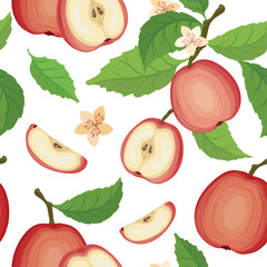Seamless pattern with red apple brunch and flowers, on a white background, apple Illustration