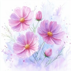 Cosmos Flowers Watercolor Painting Delicate Pink Minimalistic Soft Pastel Colors Nature