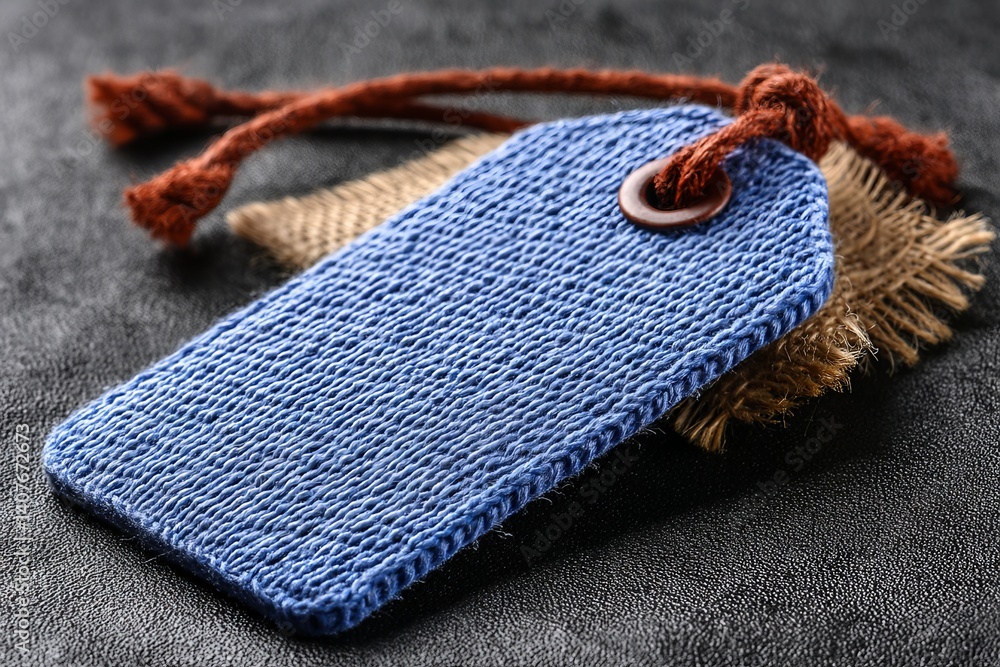 Poster fabric tag on burlap display showcasing craftsmanship and texture under soft lighting
