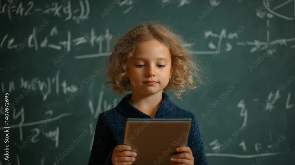 Poster cute little girl engages in computer science class using tablet generative ai
