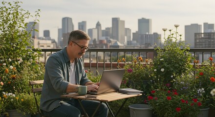 Man Working on Laptop in Urban Rooftop Garden Surrounded by Cityscape