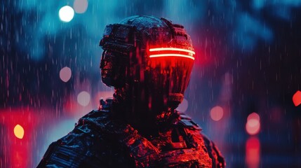Futuristic warrior stands illuminated in the rain during a cyberpunk night scene