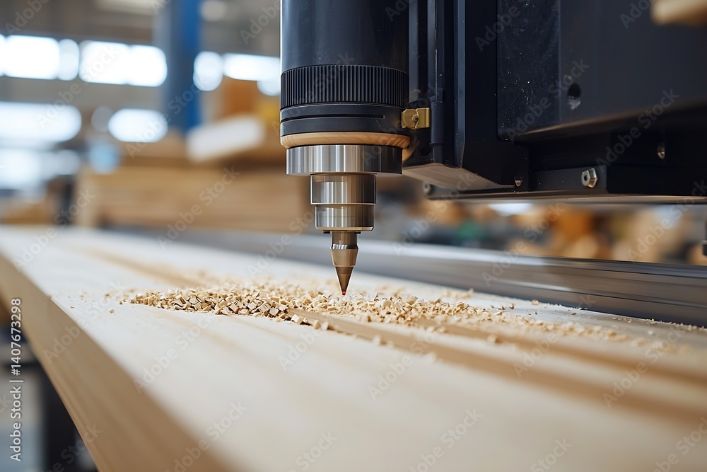 Poster cnc router in action reshaping wood and creating wood shavings for craftsmanship : generative ai