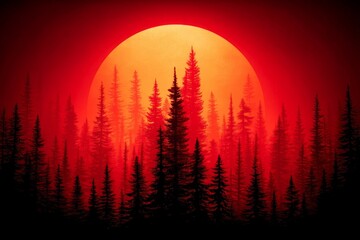 Vibrant sunset over a dense forest creating a surreal atmosphere in a striking red hue