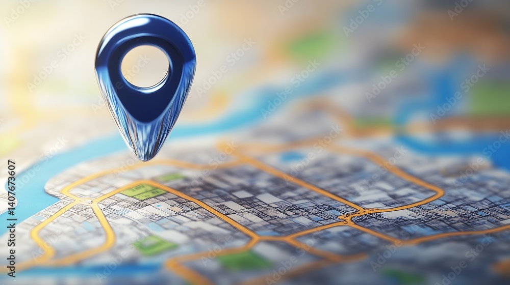 Poster 3D visualization of a location pin designed for mapping applications set on a detailed urban street map : Generative AI