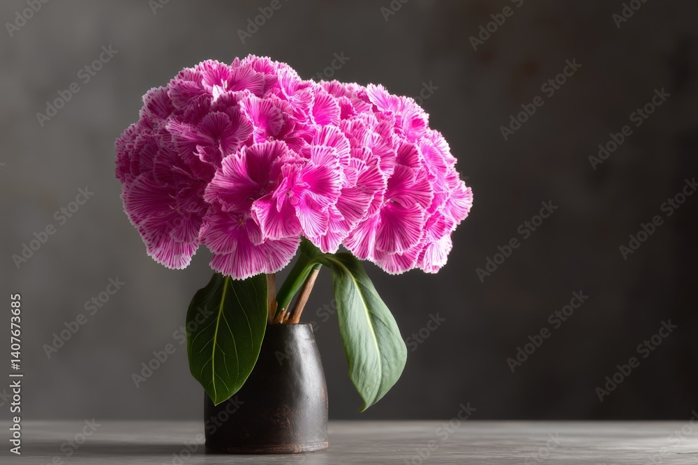 Poster bright pink flowers in elegant black vase on a simple gray background create a striking visual displ