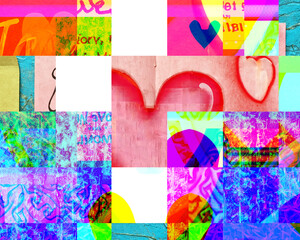 Astratto Digitale Glitch Art con Cuori e Testo