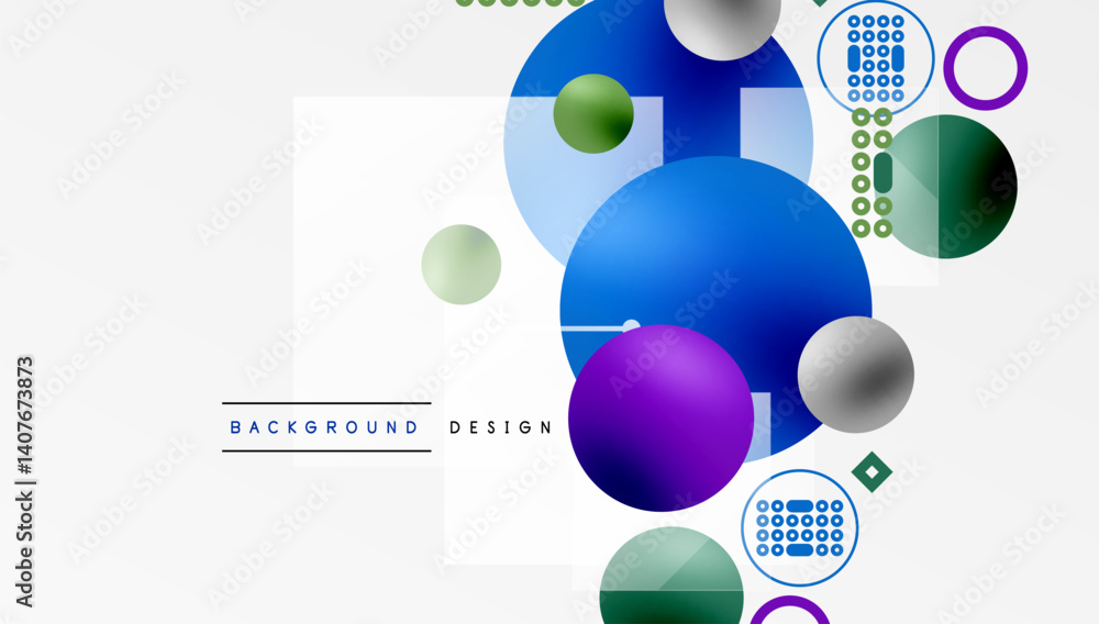 Poster Abstract geometric composition. Overlapping circles, squares create modern visual effect. Blue, purple, green hues dominate white background. Minimalist design suitable for backgrounds.
