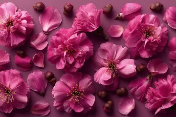 Vibrant pink flowers and petals arranged beautifully on a rich purple background showcasing nature's elegance