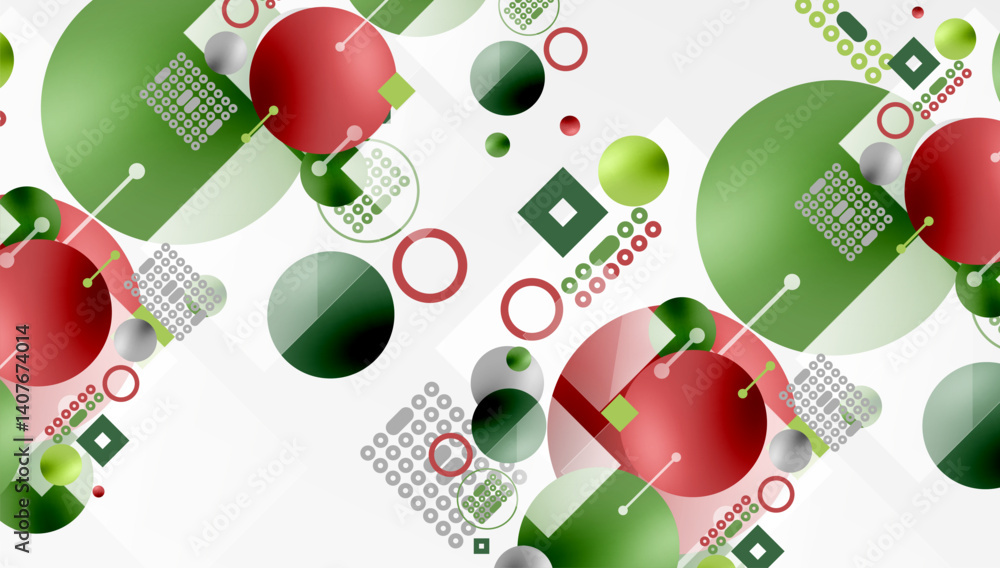 Poster abstract geometric pattern. circles, squares, rectangles overlap. red, green, gray colors dominate. 