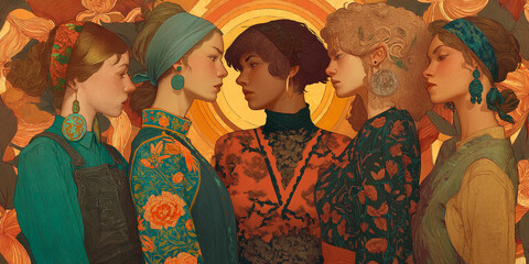 Naklejka premium Four women in profile, wearing vintage-style floral dresses and headwear, against an Art Nouveau-inspired background. The image showcases female friendship and timeless elegance.