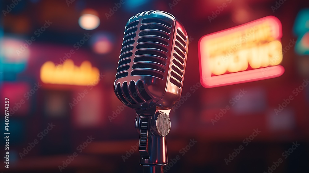Poster classic microphone on a bar stage with vibrant neon signage creating a lively atmosphere : generativ