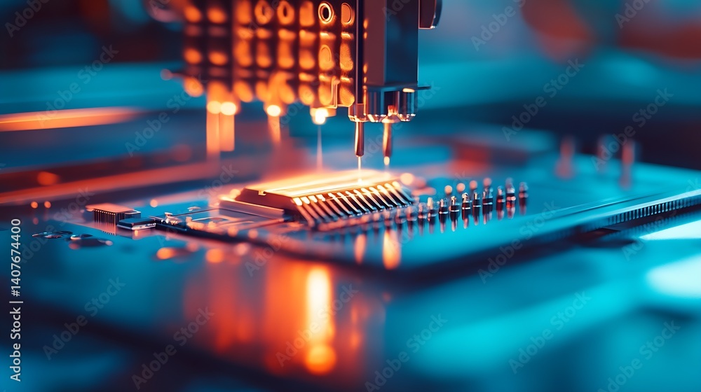 Poster Close up of automated circuit fabrication machine showing intricate processes and advanced features : Generative AI