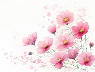 Watercolor Illustration of Cosmos Flowers in a Pink Field with Blue Sky and Delicate Brush Strokes
