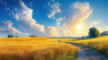 Vibrant Summer Countryside Landscape with Winding Road and Golden Cornfield Under Bright Sky