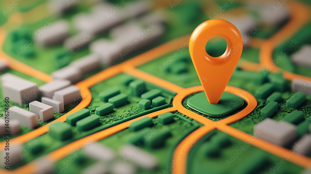 Poster stylized map pin positioned in the center of a 3d urban layout : generative ai