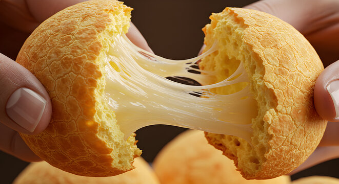 Hands pulling apart a hot pão de queijo (Brazilian cheese bread) with stretchy melted cheese