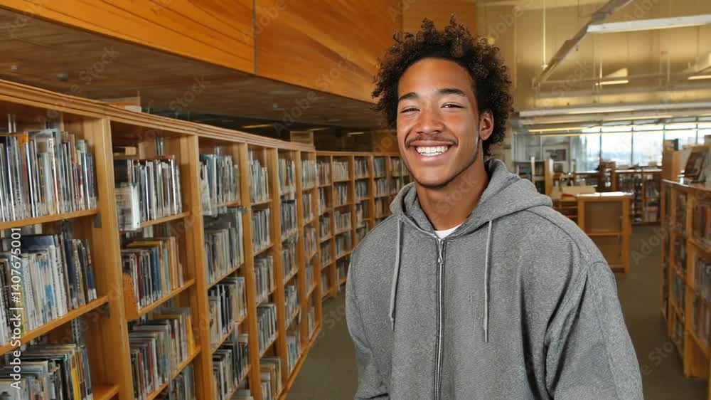 Poster high school student smiling in library during study session generative ai