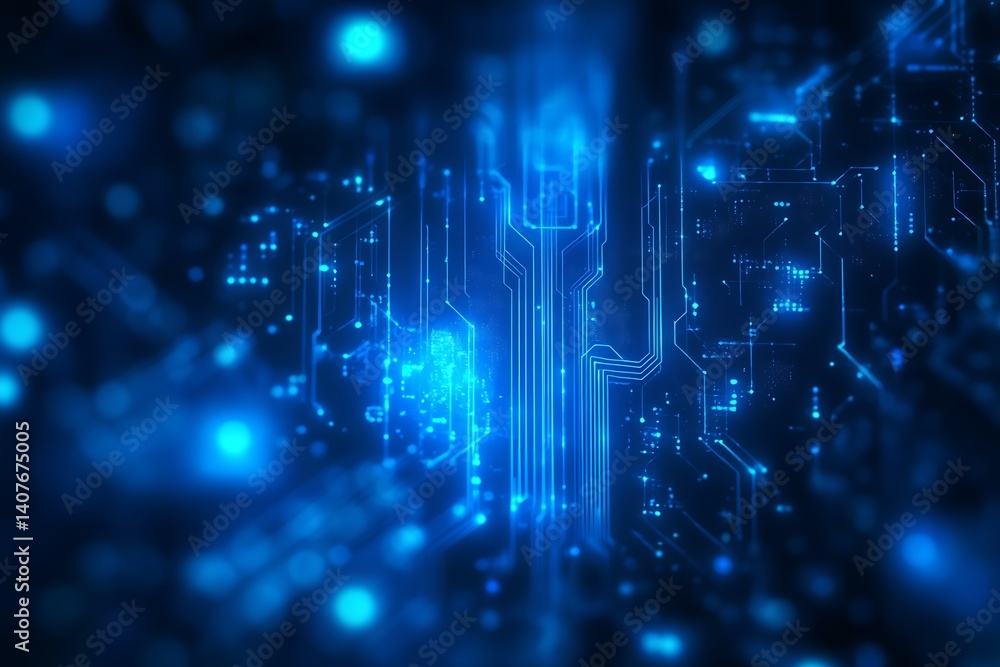 Poster Futuristic blue digital circuit background with glowing lights creating a technology theme : Generative AI