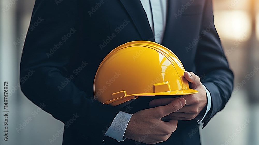 Poster dedicated professional in suit grasping yellow helmet symbolizing commitment to workplace safety : g