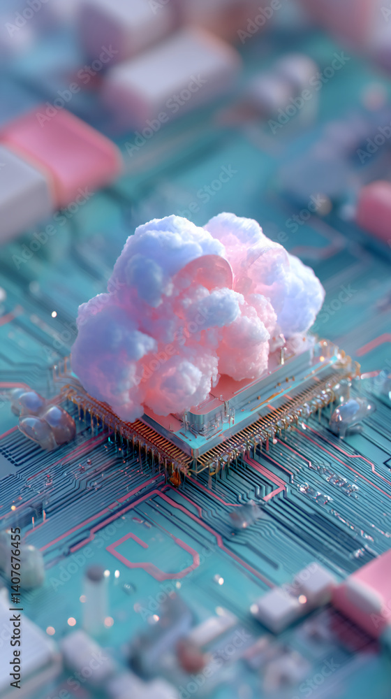 Aufkleber pink and blue cloud-like formation on a teal circuit board, showcasing a concept of cloud computing 