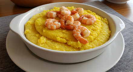 Creamy Yellow Polenta with Shrimp Served in a White Bowl.