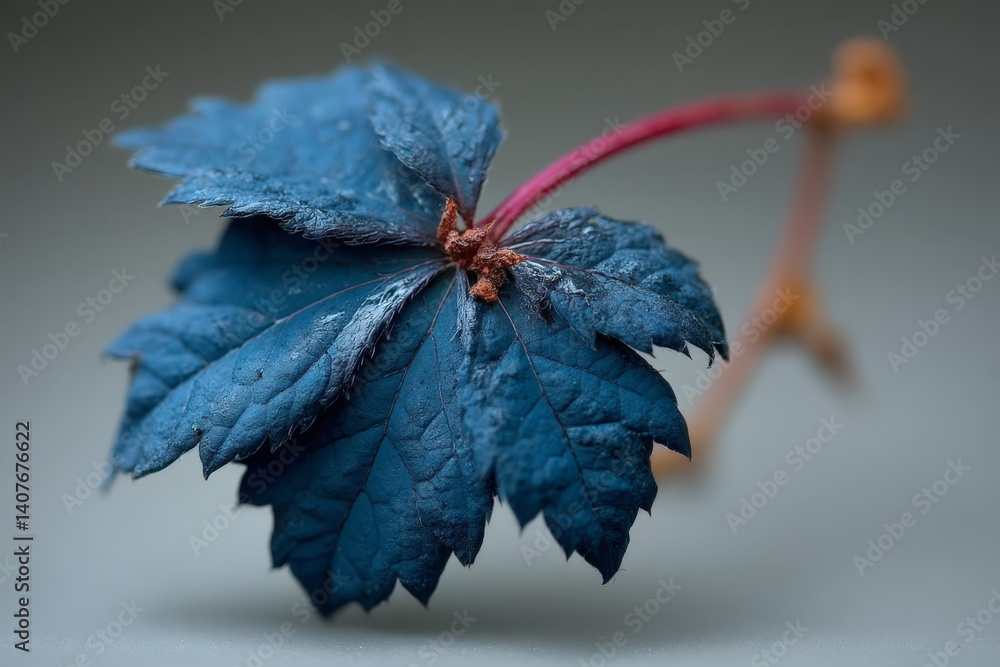 Poster close-up of a blue ivy leaf resting on a neutral background in a studio setting