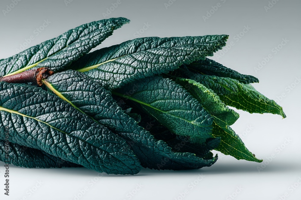 Poster fresh green leaves arranged neatly on a light background showcasing their texture and color
