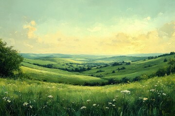 Obraz premium Tranquil Impressionist Countryside Landscape with Rolling Fields and Distant Skyline