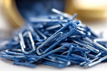 Colorful paper clips and thread scattered on a surface in a creative workspace with a blurred background in daylight
