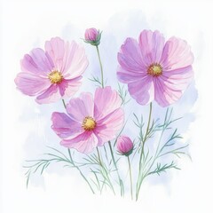 Cosmos Flowers Watercolor Painting Soft Pastel Illustration Nature Garden Floral