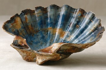 Unique blue and brown scallop shell displayed on a neutral background