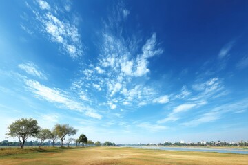 Obraz premium Wide open landscape featuring blue sky and lush trees near calm water under bright sunlight in a peaceful natural setting