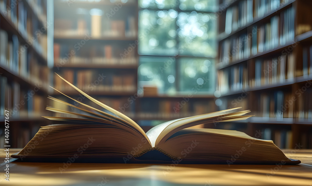 Poster close-up of an open book on a wooden table in a library with blurred bookshelves in the background
