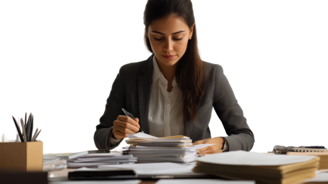 Smiling businesswoman sitting at her office desk, writing in a book