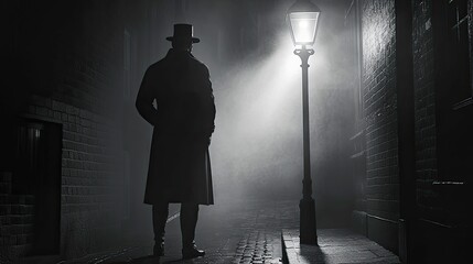Mysterious figure, fog-shrouded alley, gaslight glow.
