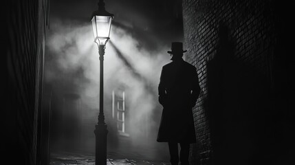 Mysterious figure shadows night alley lamplight