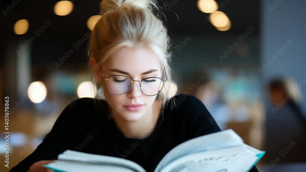 Poster young woman studying in university library while reading a book generative ai