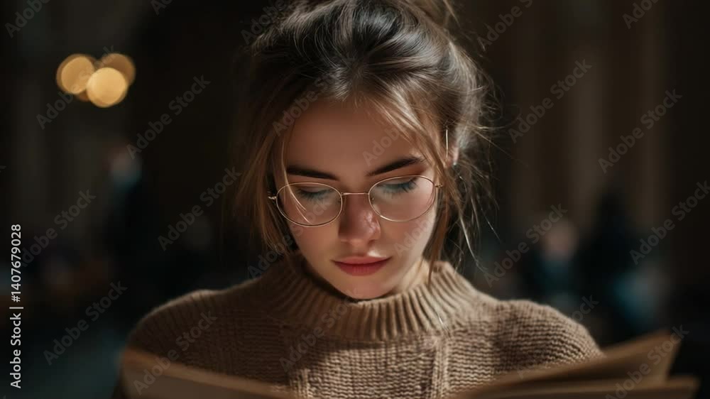 Poster young woman reads a book in a university library setting generative ai