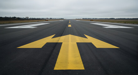 Fototapeta premium Directional Guidance Arrows Marking The Runway At An Airport On Dull Day