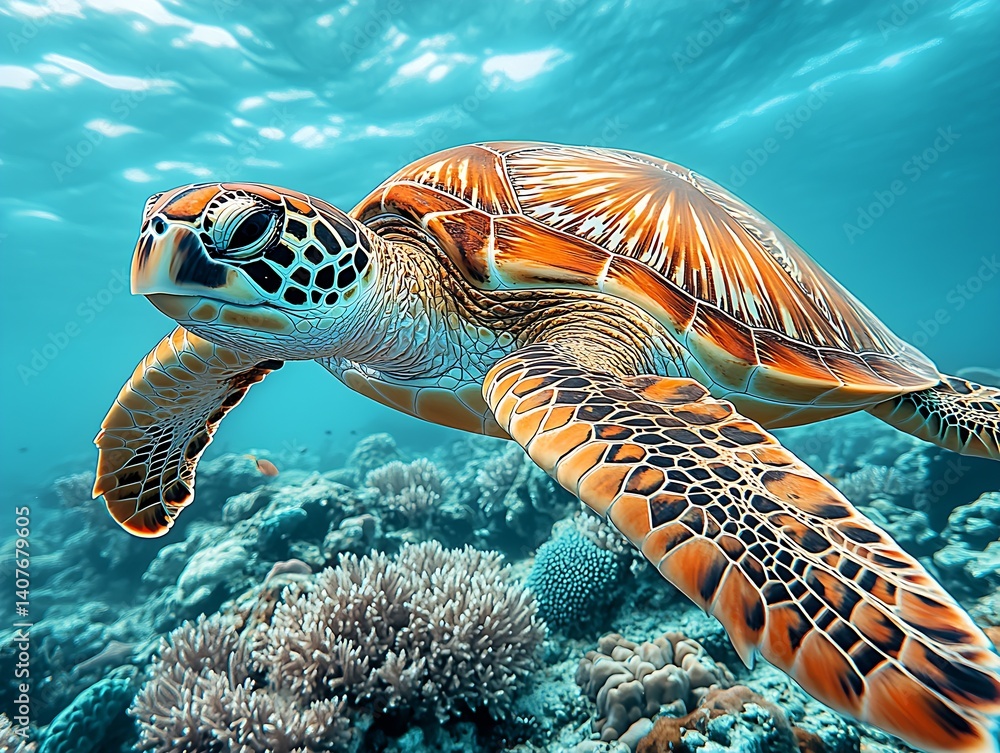 Poster a captivating underwater image of a sea turtle peacefully navigating vibrant coral reefs : generativ