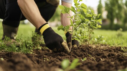 Landscaper planting trees in a residential yard. Featuring care and attention to detail