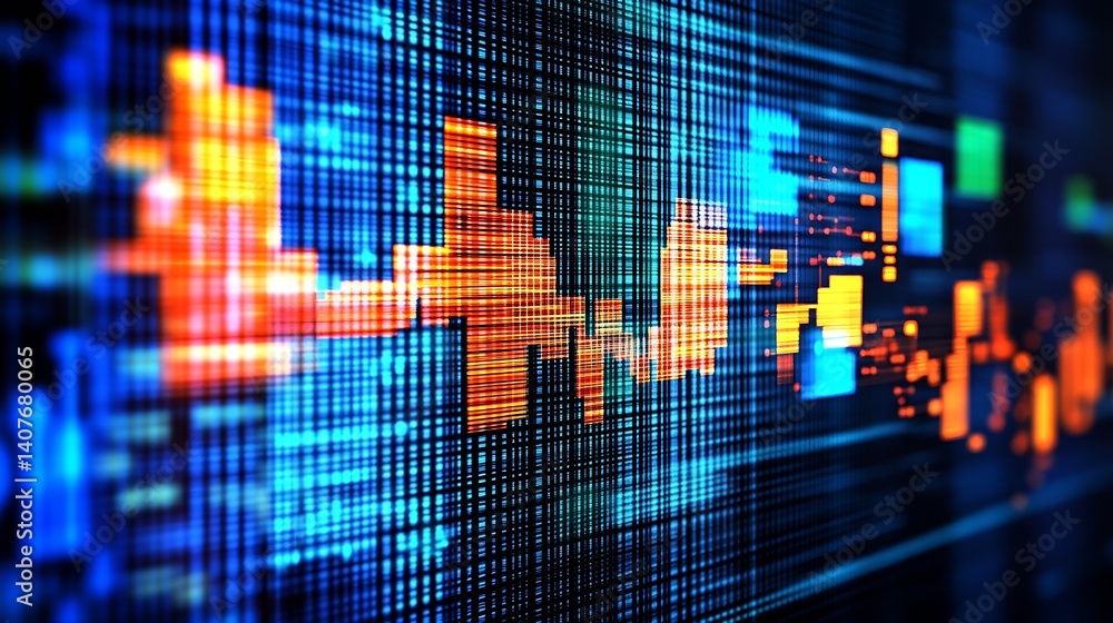 Poster Dynamic representation of colorful financial data illustrating trends and stock movements for professional technology use : Generative AI