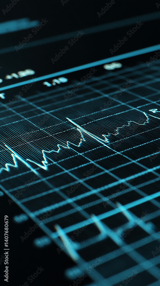 Poster close-up of a teal digital graph on a dark background, showcasing fluctuating data lines within a gr