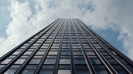 Fototapeta premium Dramatic low-angle shot of a black skyscraper, cinematic lighting, ideal for corporate campaigns.