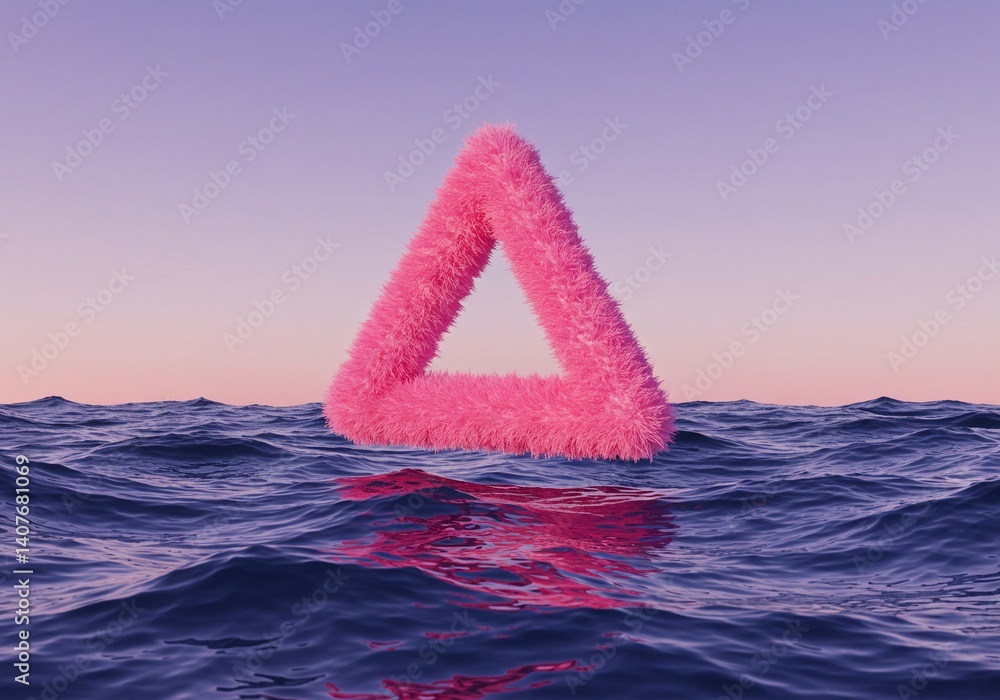 Poster a pink fluffy triangle floating on the water surface against the sky. the triangle shape creates a u
