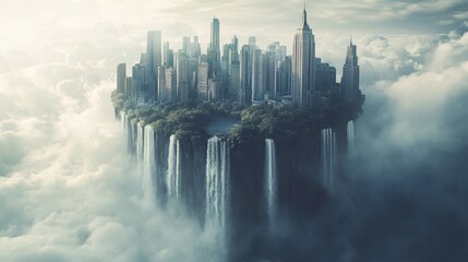 Naklejka premium Floating city above the clouds with waterfalls cascading into the mist at dawn