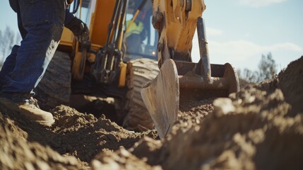 Fototapeta premium Construction worker operating a backhoe for trench digging. Featuring skill and power