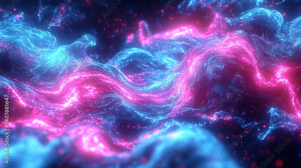 Poster intricate swirling abstract texture combining vivid shades of pink and blue in a digital artwork : g