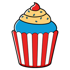 A delightful cupcake with vibrant blue frosting, a swirl of creamy yellow topping, and a cheerful red cherry, all nestled in a festive red and white striped liner.